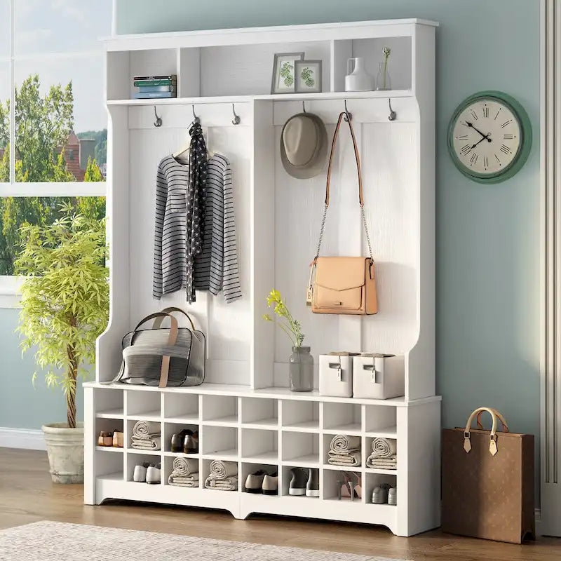 Hallway Coat Rack with Bench 60 Wide Hall Tree with Ample Storage Space and 24 Shoe Cubbies , White ( OLD SKU: WF286983AAK )