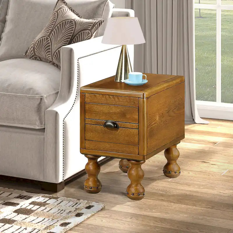 Solid Wood End Table, Rectangle 23.6 inch Narrow Side Table with Drawer, Vintage Bedside Table Nightstand for Small Spaces