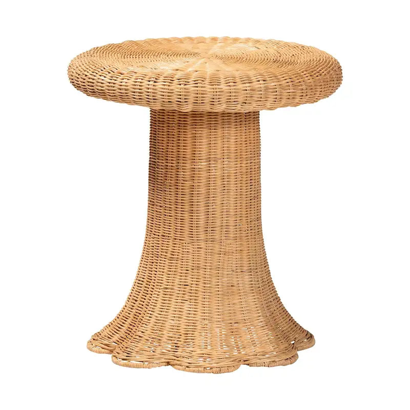 Scallop Natural Rattan Side Table - Handwoven Wicker Table with Skirted Base, Coastal Style for Living Room or Hallway