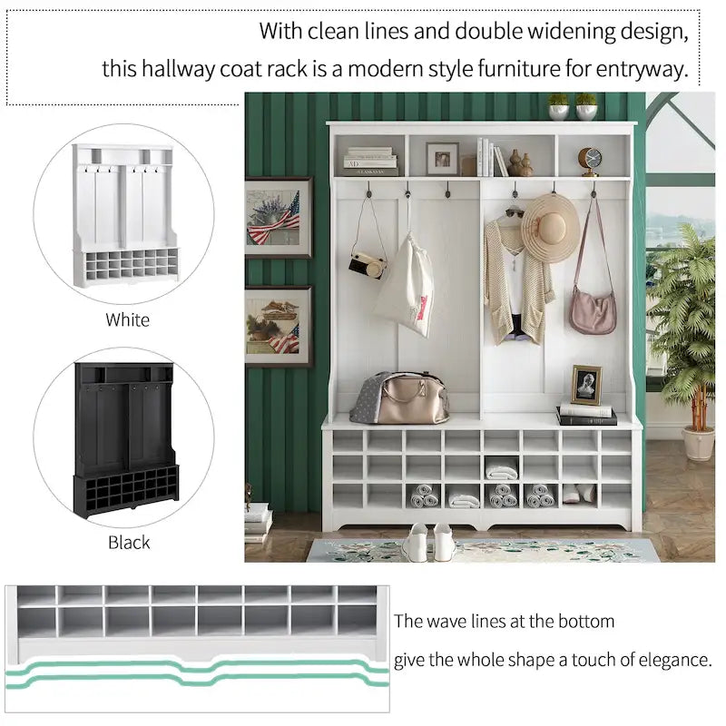 Hallway Coat Rack with Bench 60 Wide Hall Tree with Ample Storage Space and 24 Shoe Cubbies, White