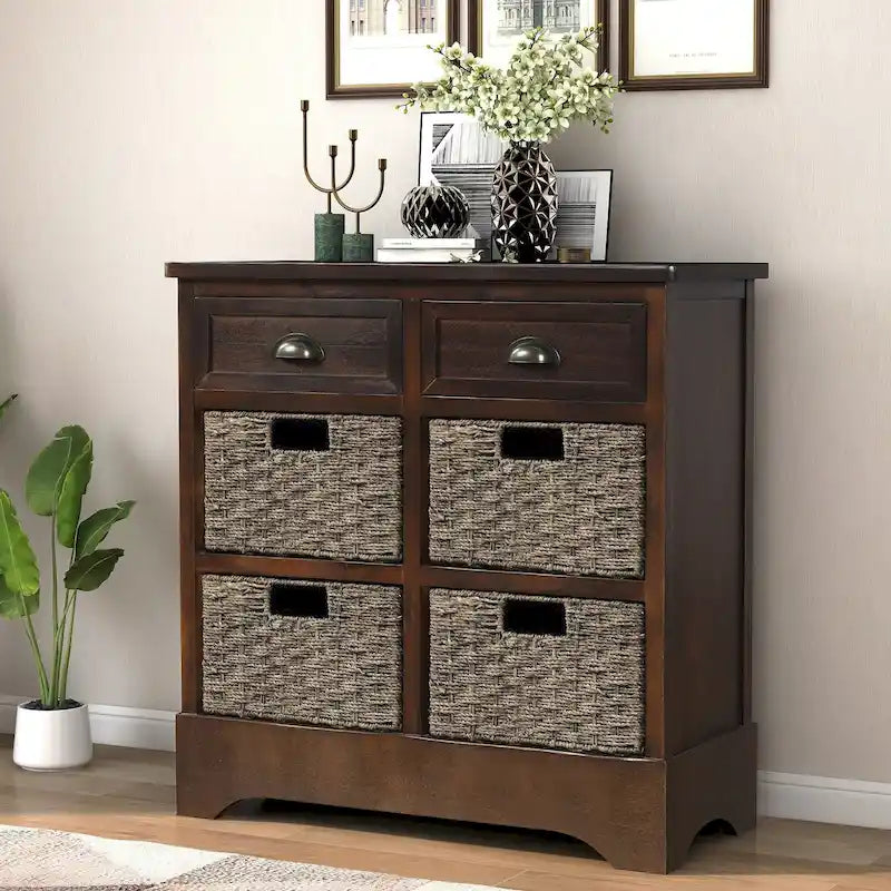 Storage Cabinet with 2 Drawers and 4 Classic Rattan Basket